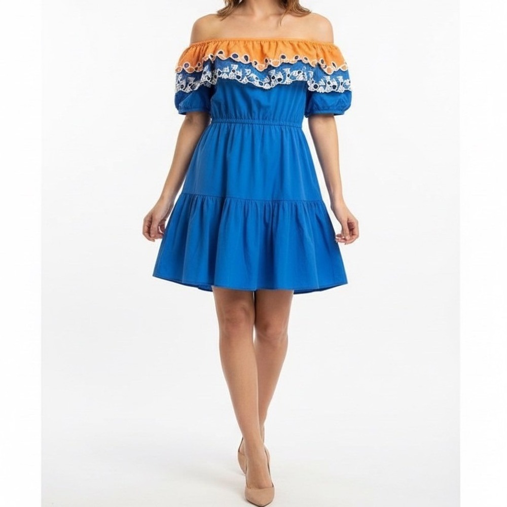 Peter Pilotto Blue Orange Off Shoulder Cotton Eyelet‎ Tiered Ruffle Dress US 10
